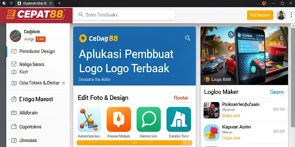 Tampilan antarmuka aplikasi CEPAT88 yang menarik dan fungsionalitas Logo Maker.